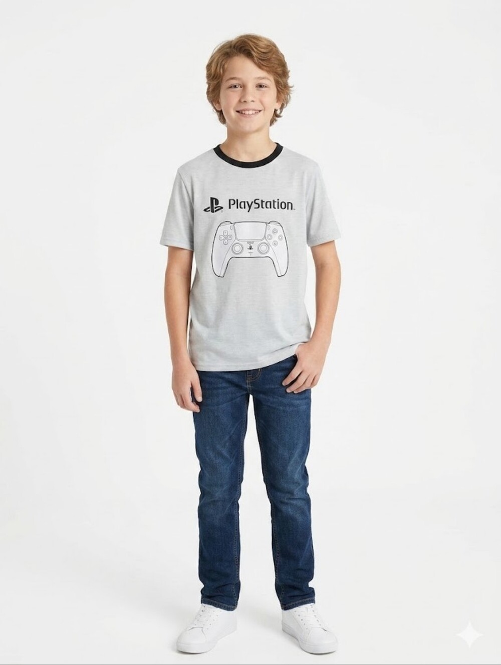 Sony PlayStation Gray Tee with Black Collar and Controller Graphic